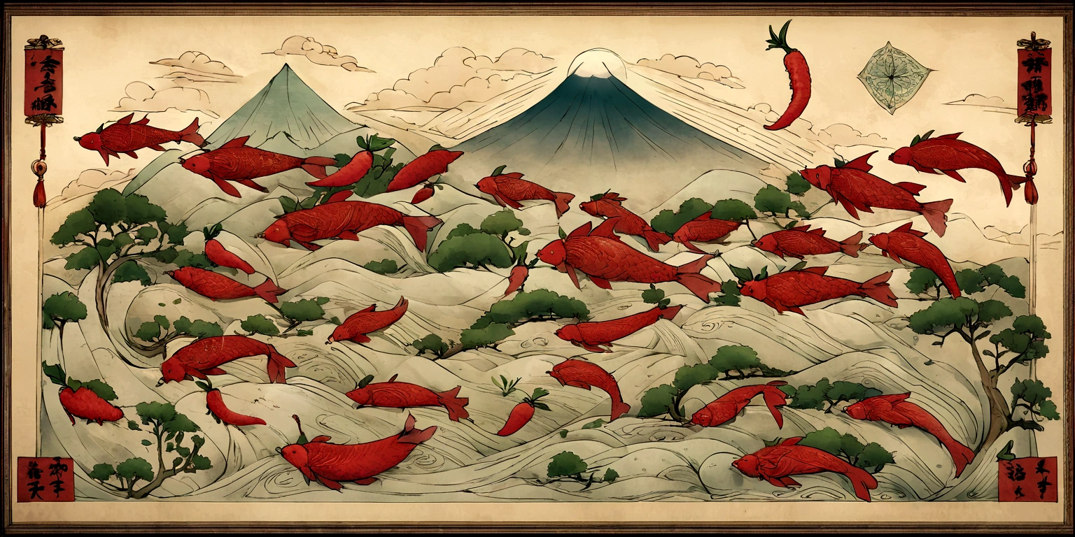 Red Chilis, Basil, Mt Hood,rivers,Sun,Mountain and sea skylark scrolls,Ancient mythology《Mountain and Sea Scriptures》,epic composition,Shadowing,national style,martial art,migration,Practice martial artartial arts
