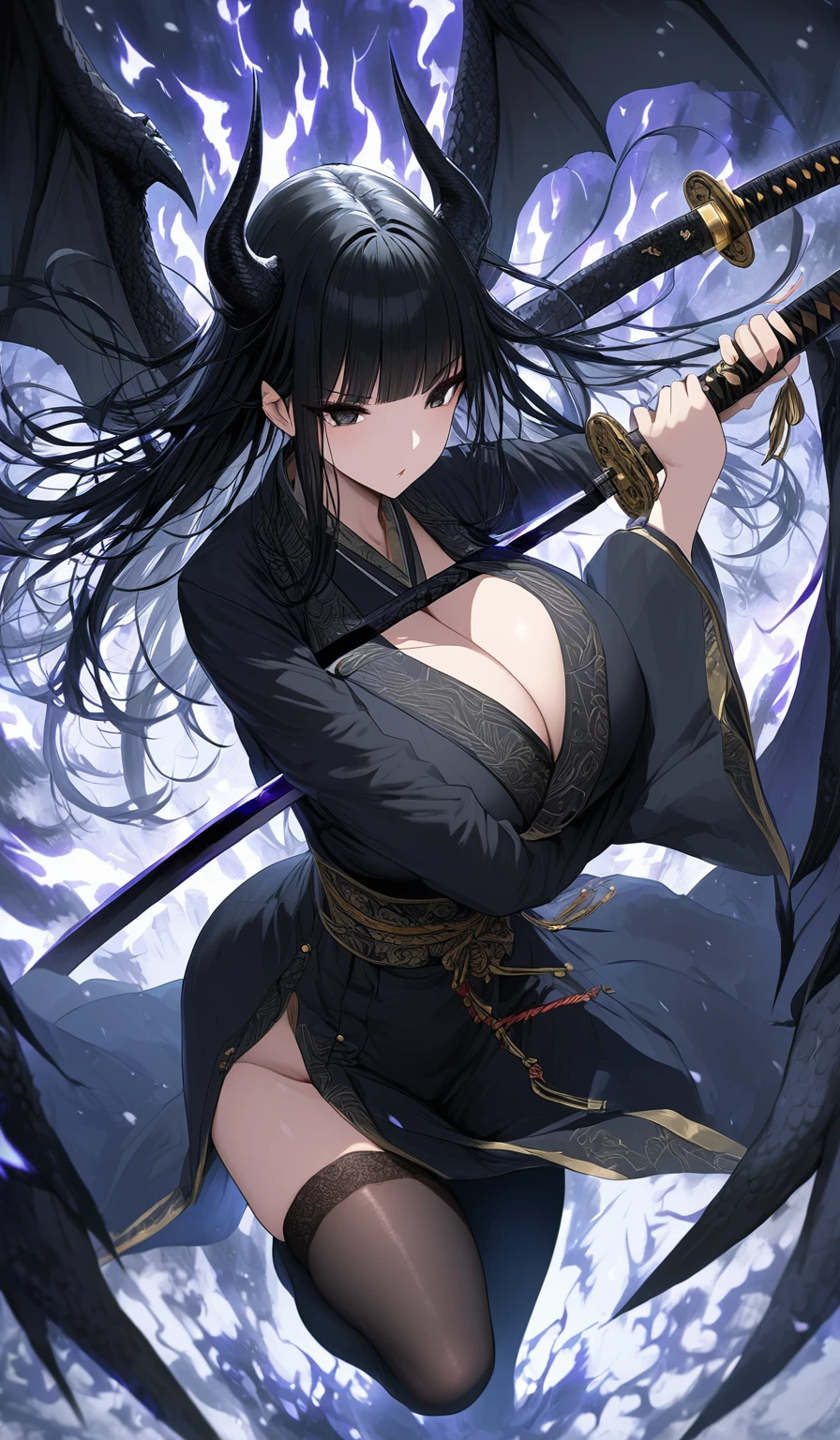 Masterpiece, very detailed, ultra detailed, one, (1 woman), Photo of a woman in a short Japan yukate with gold detal and black stockings, with a black katana in her hands an aura of kill, with black eyes, long black straight hair and straight bangs, with huge breasts, she with black demonic horns and black dragon wings, around her an aura of kill