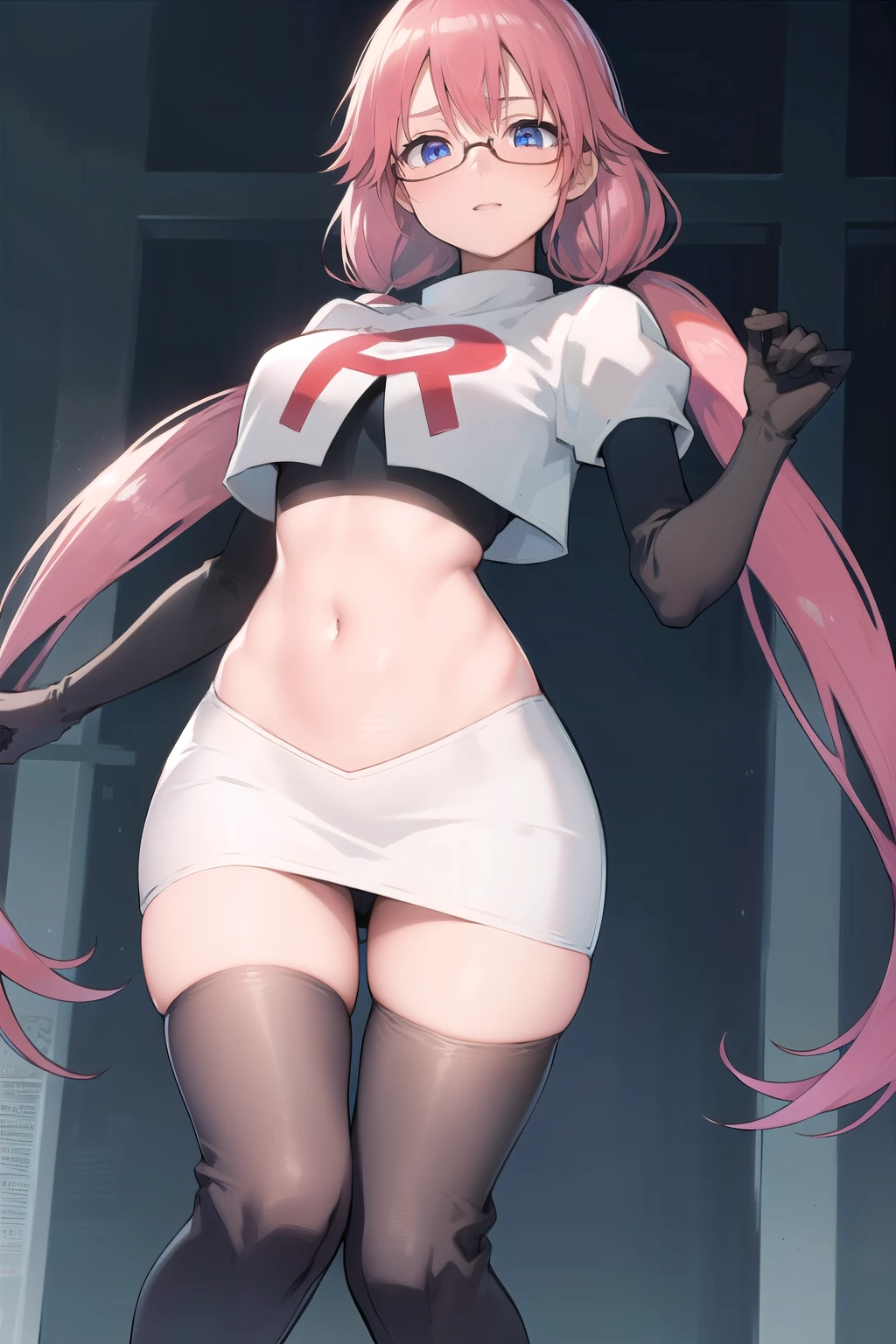 airisakura, airi sakura, blue eyes, glasses, long hair, pink hair, (low twintails:1.5),
BREAK glasses, team rocket,team rocket uniform,white skirt,red letter R,crop top,black thigh-highs,black elbow gloves,
BREAK looking at viewer, 
BREAK (masterpiece:1.2), best quality, high resolution, unity 8k wallpaper, (illustration:0.8), (beautiful detailed eyes:1.6), extremely detailed face, perfect lighting, extremely detailed CG, (perfect hands, perfect anatomy),