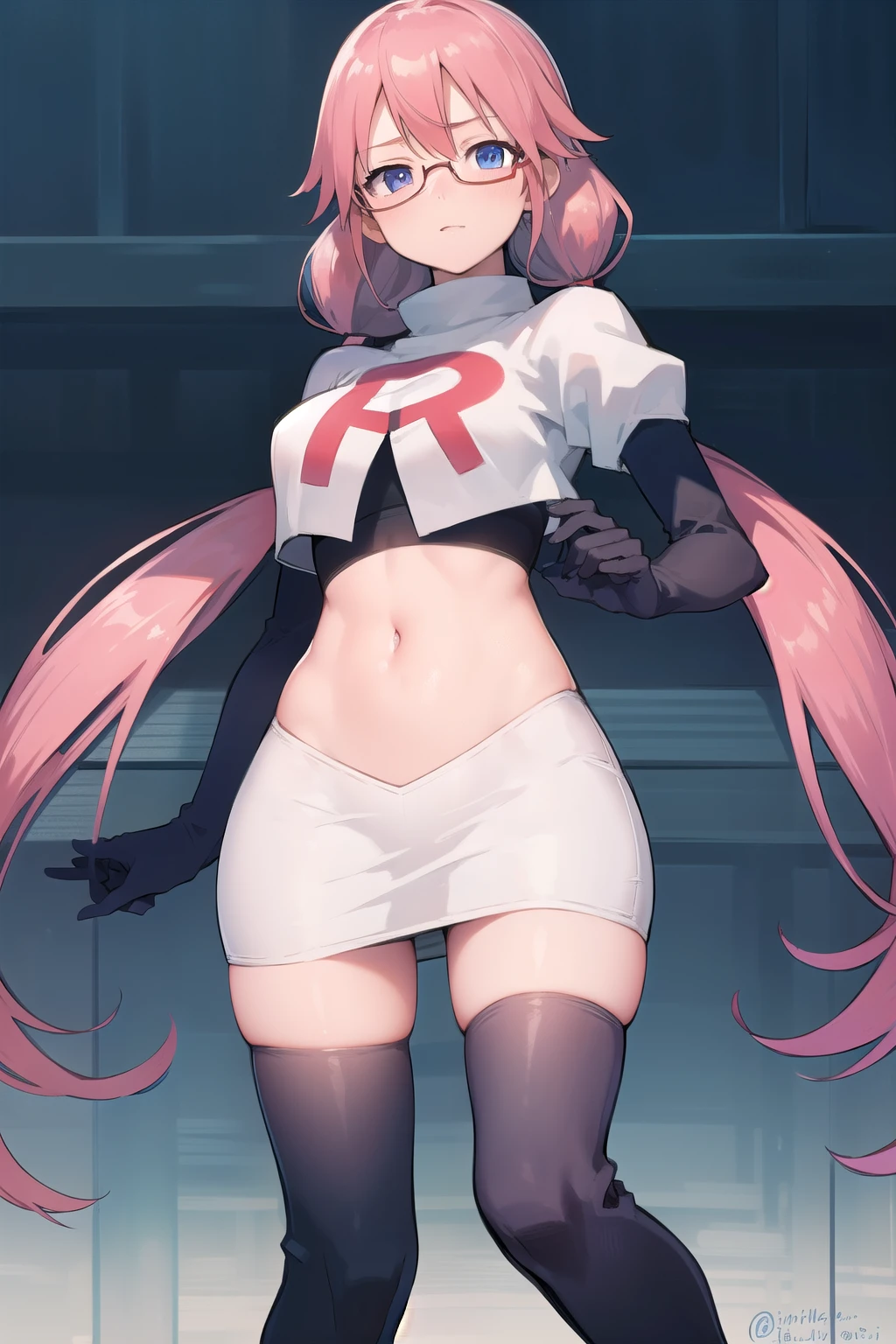 airisakura, airi sakura, blue eyes, glasses, long hair, pink hair, (low twintails:1.5),
BREAK glasses, team rocket,team rocket uniform,white skirt,red letter R,crop top,black thigh-highs,black elbow gloves,
BREAK looking at viewer, 
BREAK (masterpiece:1.2), best quality, high resolution, unity 8k wallpaper, (illustration:0.8), (beautiful detailed eyes:1.6), extremely detailed face, perfect lighting, extremely detailed CG, (perfect hands, perfect anatomy),