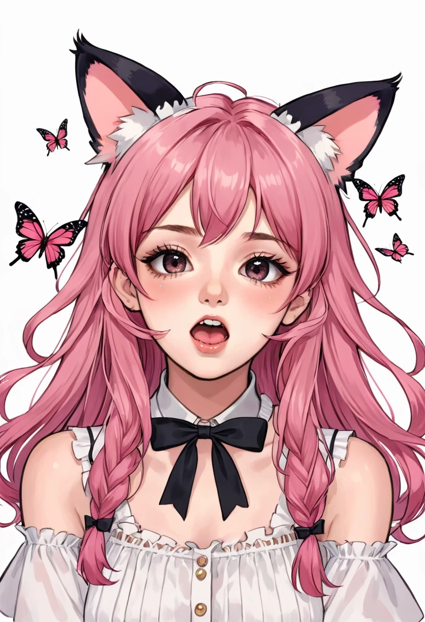 1 Girl,Animal ears,Bangs,blush,bow,Weaving,Vulnerabilities,Butterfly,Butterfly Hair accessories,Cat ears,Hair accessories,Looking at the audience,Open your mouth,Pink Hair,Ribbon,Simple background,Solitary,twin Weavings,Upper Body,White background