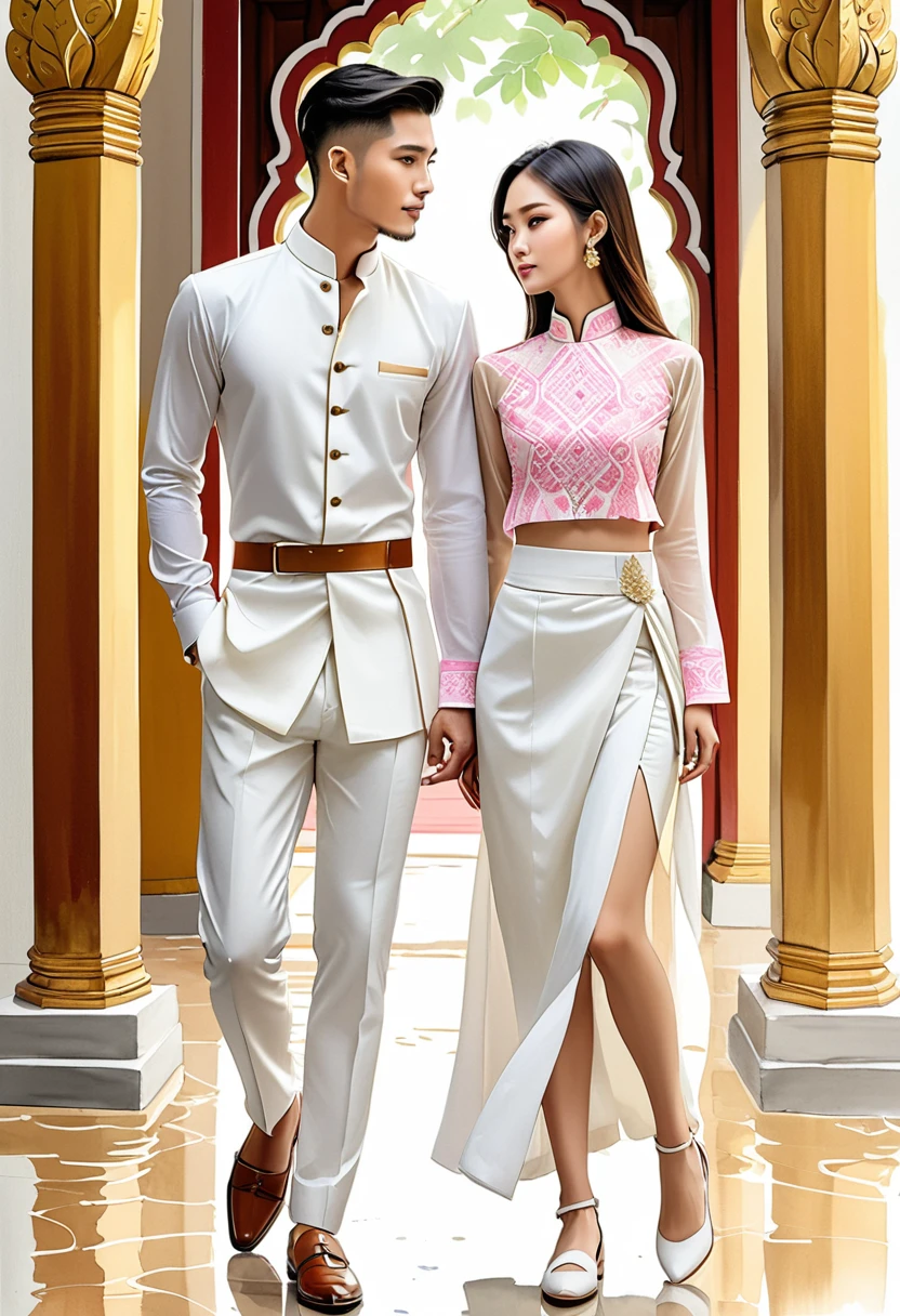 candid fashion illustration of two young man and women, 20-27 year old, adorned in a meticulously crafted North Thai traditional outfits, Lampang, ((showcase fashion Lanna style in white cotton handwoven)), simple elegant style, The man wears a simple long-sleeved white mandarin collar shirt, paired with white Tailor pants, and oxford shoes, The woman complements him with white tubular skirt or Sarong ankle-length with simple minimal pink patterns, fitted intricately decorated blouse that complements the skirt, Captured in a low angle, ((full-body image)), ((imperfect Thai temple water color background)), sketching, realistic drawing, imperfect water color drawing, fashion look book, fashion illustrator, sketch design,