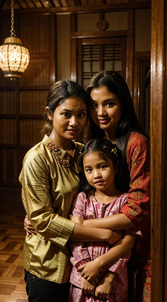 : Indonesian family styled in batik clothes inside a traditional house. With varying ages, facial expressions are full of happiness. Clothing styles include batik shirts and kebaya. Traditional house setting with typical ornaments, natural lighting and bamboo decorations. Photos taken with a DSLR for sharp details. The short description highlights the beauty and warmth of family as well as the richness of Indonesian culture.