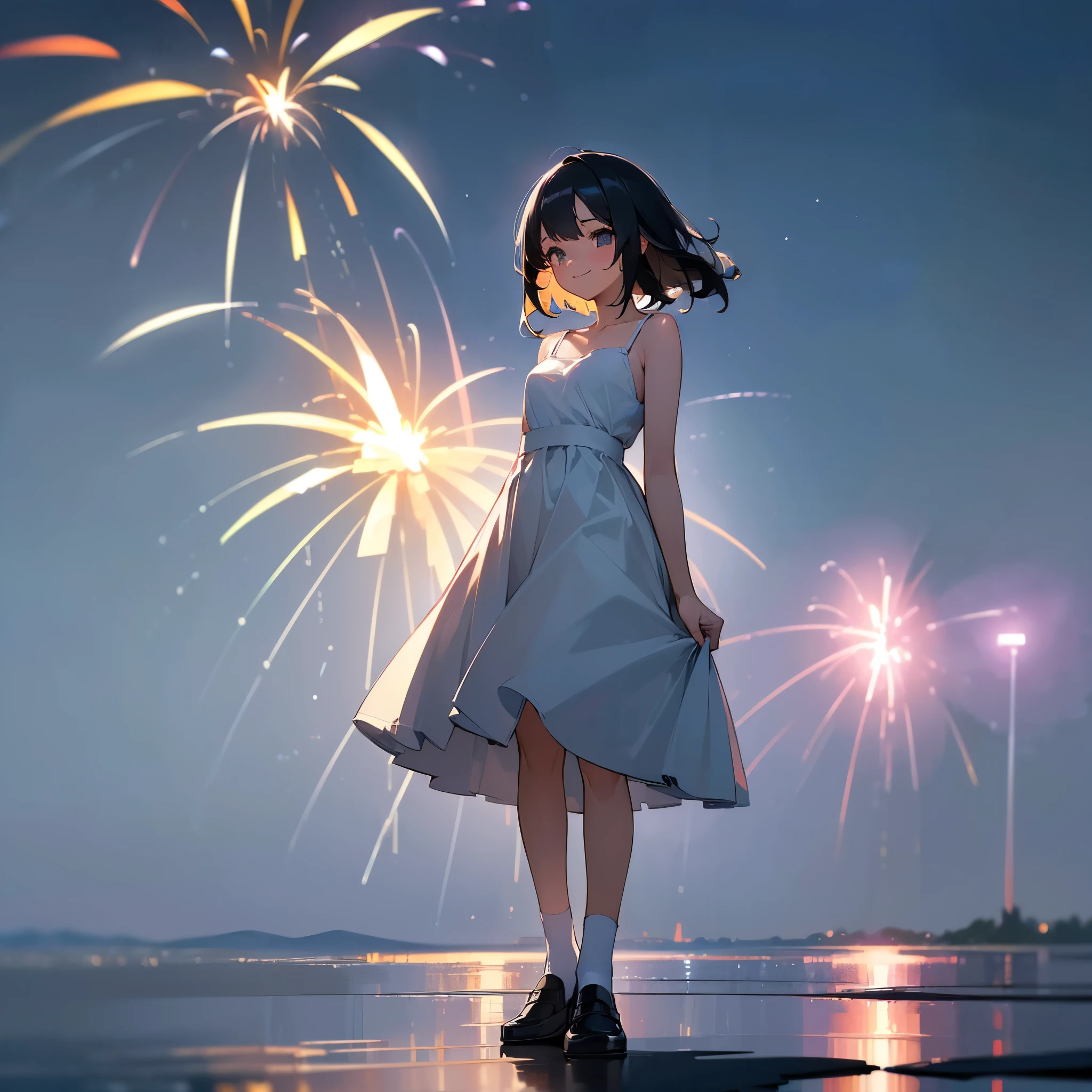 (high quality, High resolution, Very detailed, reality:1.37), Peaceful atmosphere, (Night Sky, firework), Teenage girl standing alone, (my breasts are big.), Beautiful details, Cute Smile, (Black bob hair), White camisole dress, White socks, loafers.