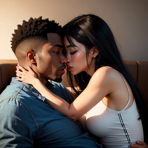 Super realistic couple sideways image, african black man, Age 22, almost kissing beautiful slim asian woman.
