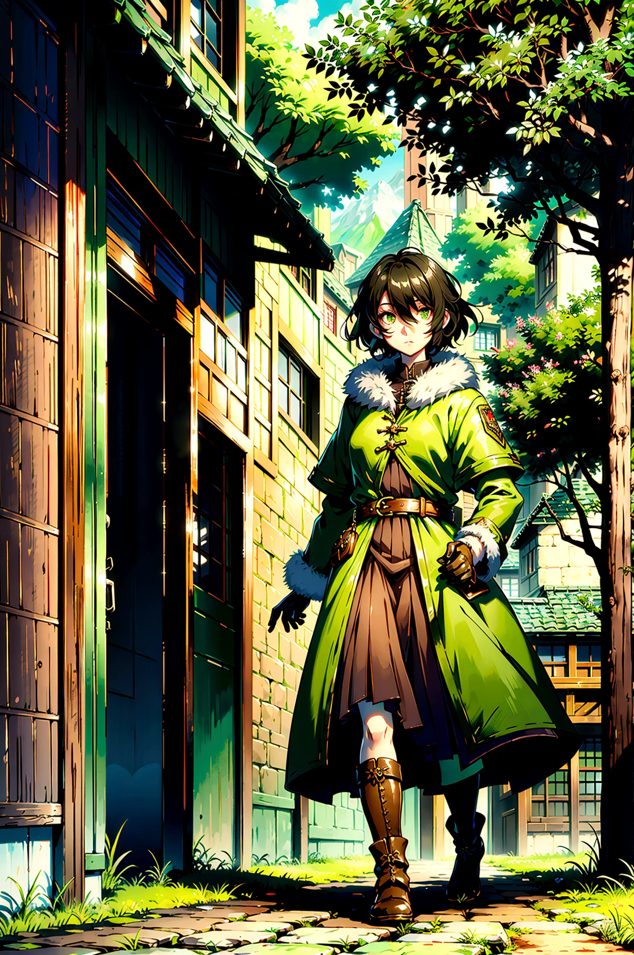 yuichiro hyakuya girl, (WithoutFear:1), 1 girl, black hair, green eyes, brown coat, gray armor, elves, sylvan, green cloak, dark brown gloves, forest, fur trim, anime, standing, good quality, portrait, looking at viewer