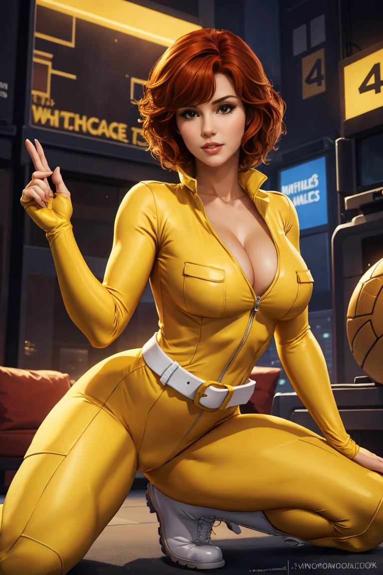 The prompt for the sexy depiction of April O'Neil from the Teenage Mutant Ninja Turtles should be as follows:

April O'Neil in a sultry pose, wearing a form-fitting yellow jumpsuit with a white belt and white boots. She has beautiful, detailed eyes and lips, with long eyelashes. Her hair is red and mid length. The medium is a realistic digital illustration or photograph with high resolution (best quality, 4k or 8k). The image should be ultra-detailed, capturing every aspect of her appearance. The color tone is vibrant, with vivid colors that enhance her attractiveness. The lighting is soft and glamorous, with a studio lighting style that brings out her features. The background complements her character, suggesting an urban setting or a cityscape with a touch of mystery. (((white belt and boots))) short hair