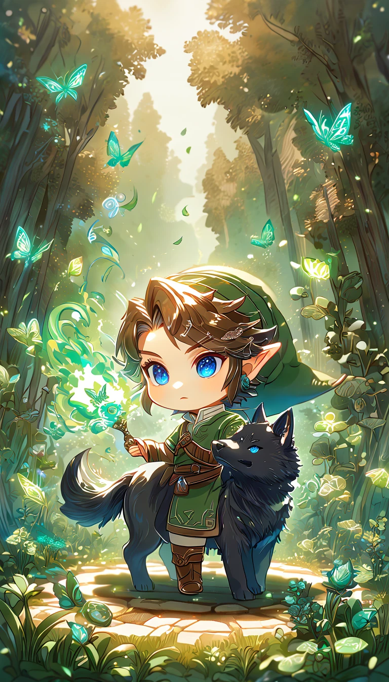 absurdres, highres, ultra detailed, HDR, master piece, best quality, extremely detailed, Link chibi, brown hair, expressive blue eyes, The Legend Of Zelda Twilight Princess, boy hugging a black wolf, cute, small, handsome, green tunic, magical, fantasy, magic, green fire, forest, glittering, green butterflies, green petals, green flowers