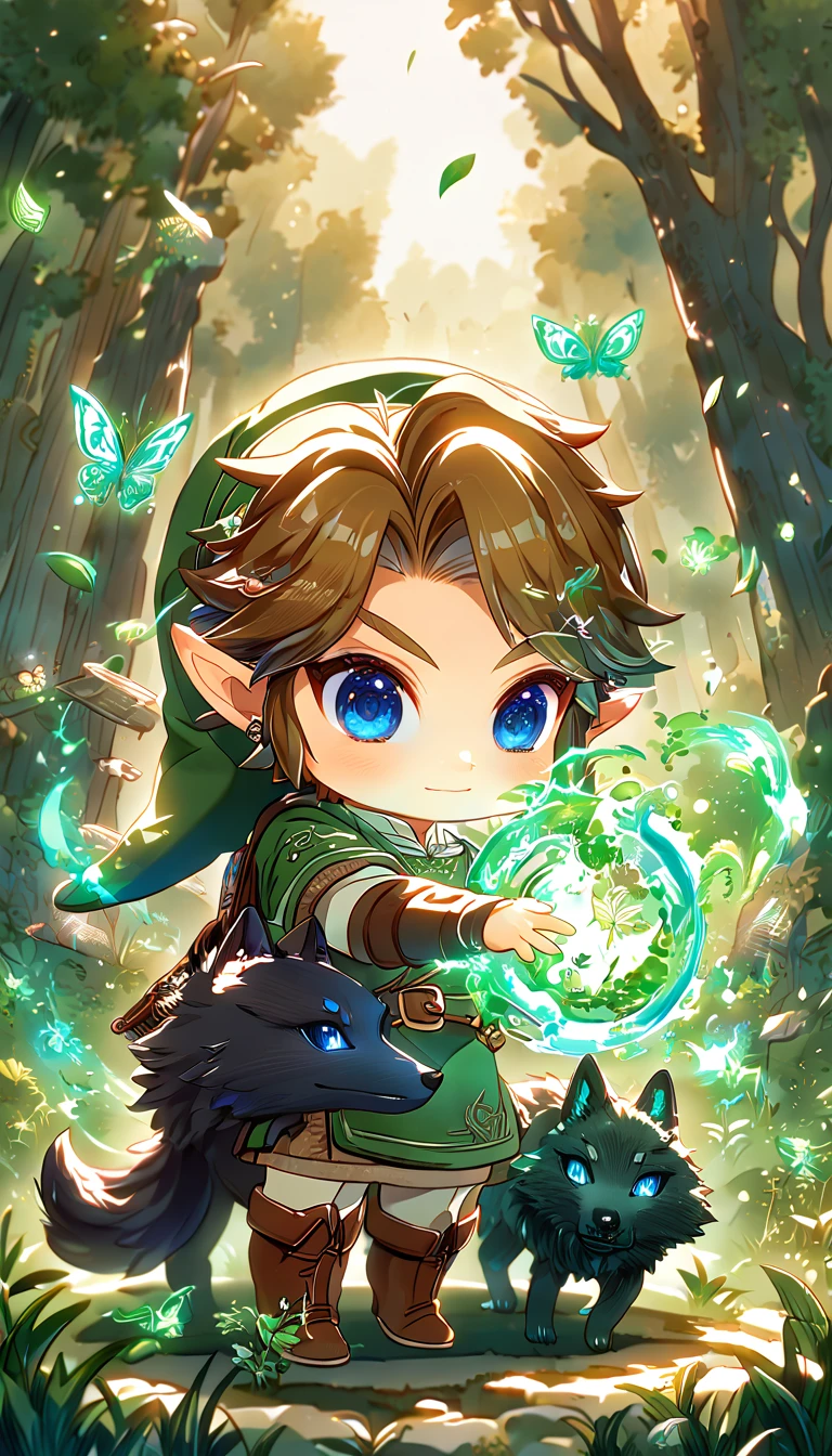 absurdres, highres, ultra detailed, HDR, master piece, best quality, extremely detailed, Link chibi, brown hair, expressive blue eyes, The Legend Of Zelda Twilight Princess, boy hugging a black wolf, cute, small, handsome, green tunic, magical, fantasy, magic, green fire, forest, glittering, green butterflies, green petals, green flowers