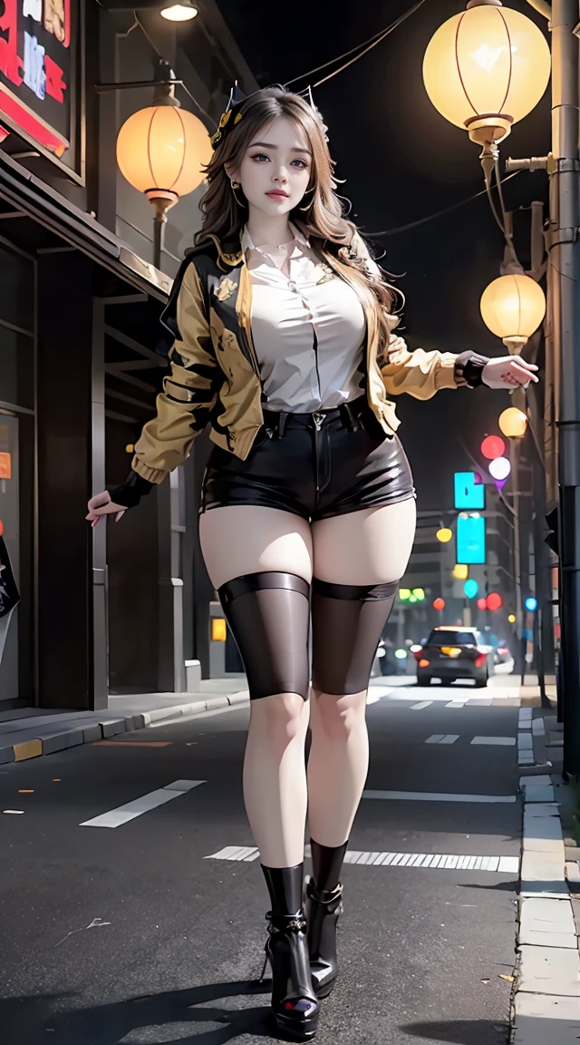 Masterpiece,Best quality,A high resolution, 1girll,From below,(Very thin and straight legs)，,(Very long legs，Straight legs),,High heels,long leges,standing on your feet, Long legs as seen from the front, Perfect body,with perfect legs,(exteriors)，full bodyesbian，cyber punk perssonage，dynamicposes，1girll，Elaborate Eyes，Brown eyes，eye shadows，putting makeup on，long whitr hair， Detailed face， Detailed eyes， looking at viewert， blusher\（putting makeup on\）， full pouty lips， Redlip，（long white hair：1.3）， （standing on your feet）Mechanically static，Mechanical summoning，(hair adornments:1.1)，head gear，((((Short yellow jacket，Ultra shorts))))，(black lence stockings，Stocking suspenders)，City，Luminescent windings，With a long sword in his hand，missiles，cyberpunk lights:1.1)，neonlight，Fully mechanical and futuristic elements，technologies，The background is a traditional Chinese street，china town， the street， Skysky， cyber punk perssonage， paper lanterns， Neon Super Resolution，（Reality：1.3），1（Slim：1.2），dramatic lights，vibrant detail，Luxurious cyberpunk，the complex background，rendering by octane，