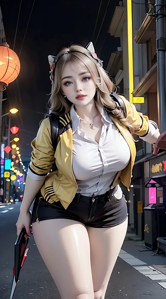 Masterpiece,Best quality,A high resolution, 1girll,From below,(Very thin and straight legs),,(Very long legs,Straight legs),,High heels,long leges,standing on your feet, Long legs as seen from the front, Perfect body,with perfect legs,(exteriors),full bodyesbian,cyber punk perssonage,dynamicposes,1girll,Elaborate Eyes,Brown eyes,eye shadows,putting makeup on,long whitr hair, Detailed face, Detailed eyes, looking at viewert, blusher\(putting makeup on\), full pouty lips, Redlip,(long white hair:1.3), (standing on your feet)Mechanically static,Mechanical summoning,(hair adornments:1.1),head gear,((((Short yellow jacket,Ultra shorts)))),(black lence stockings,Stocking suspenders),City,Luminescent windings,With a long sword in his hand,missiles,cyberpunk lights:1.1),neonlight,Fully mechanical and futuristic elements,technologies,The background is a traditional Chinese street,china town, the street, Skysky, cyber punk perssonage, paper lanterns, Neon Super Resolution,(Reality:1.3),1(Slim:1.2),dramatic lights,vibrant detail,Luxurious cyberpunk,the complex background,rendering by octane,