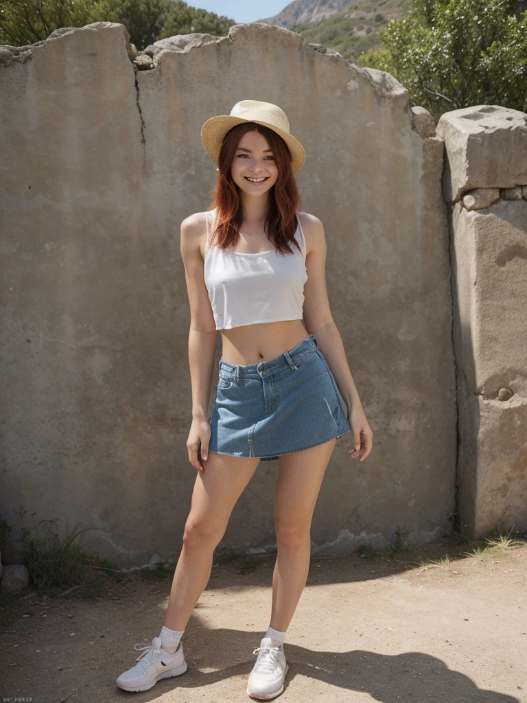 A 28-year-old woman, standing 172 centimeters tall, with greenish-blue eyes, long eyelashes, and medium-length ginger hair. She has a sporty figure and a C-cup chest. She is wearing a stylish outfit: a white off-shoulder blouse, high-waisted denim shorts, and white sneakers. She accessorizes with a delicate silver necklace and a matching bracelet. She is standing on a beautifully designed viewing platform with sleek glass railings, overlooking a cozy town nestled in a lush green valley, partially obscured by clouds. The town features charming houses with red-tiled roofs, winding cobblestone streets, and blooming flower gardens. The scene is bathed in the soft, golden light of late afternoon, creating a warm and inviting atmosphere.