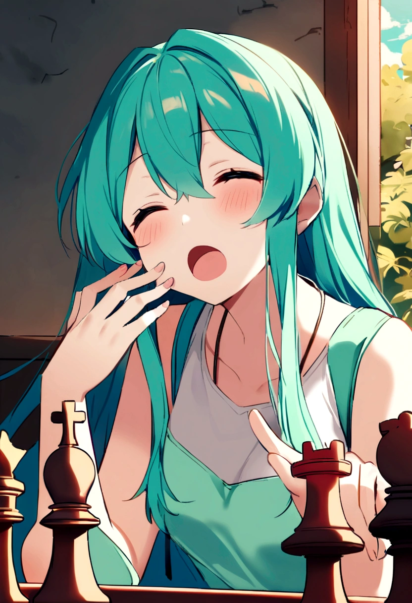 Hatsune Miku playing chess against a rusty robot、Yawning with boredom、Resting one's chin on one's hand