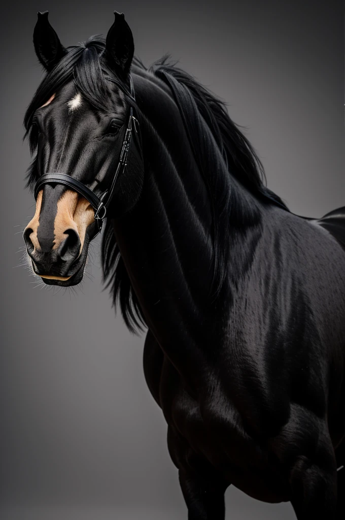 A black horse with a long mane. It is visible from the side and it looks into the camera. But you should only see the horse up to its neck. black backdrop