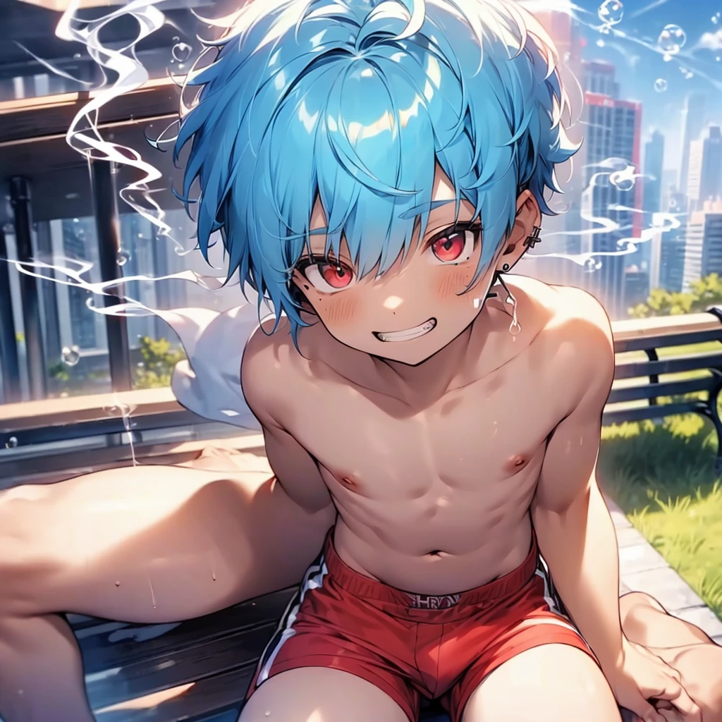 (solo:2), (boldline:-1.8), (smoking:1.6), (((bubble))), (sitting on bench:1.5), (spread legs:1.5), (((fang))), (((best finger))), BREAK (best quality:1.5), (absolutely resolution:1.5), (ultra detailed:1.5), (masterpiece:1.5), (perfect face), (detailed face), (detailed eyes), (best eyes), (cute face), (shota:2), BREAK (topless:1.5), BREAK (red short pants:1.5), (bulge:1.6), (skinny:1.3), (spiked hair), BREAK (light blue hair:1.5), (wine red eyes:1.4), (eyes with highlight:1.6), ((mole under eye)), (sweaty skin), (light skin), (grin:1.5), ((earrings)), (shiny skin:1.3), BREAK (garden), (building:1.5), (at twilight:1.5), ((wind blowing)), ((nipple)), (abs), (groin),