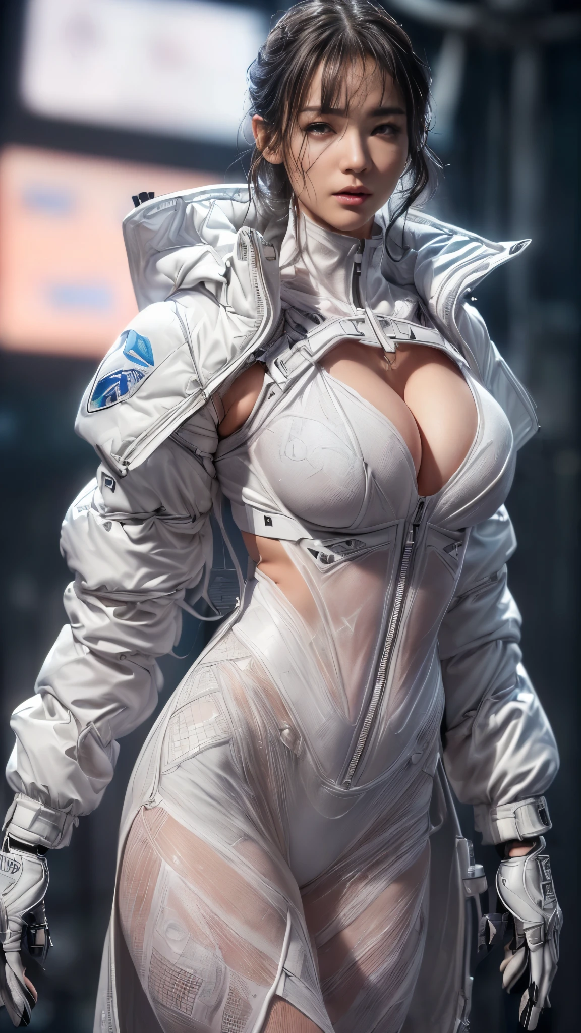 (Browsing Caution:1.6)、((Too much exposed skin))、Very beautiful woman、Slender women、(Detailed face)、Realistic Skin、((Delicate photo)),(Girl masterpiece RAW photo details:1.25), (Highest quality:1.6), (Ultra-high resolution:1.5), (Realistic:1.75), 8K resolution, Canon EOS R5, 50mm, Absurd, Very detailed,Cinema Lighting、One Girl, 白hair,((Princess_cut))、smile、((Super tight white jacket coat)), Chest Rig, cyber punk, ((Techwear)),I can see your abs、Good top、((((Big Breasts))))、((The abdomen is visible))、(((Very subtle and futuristic design)))、Digging into the crotch、((logo))、((Characters on clothing))、((With the weapons of the future))、((Hair on one eye))