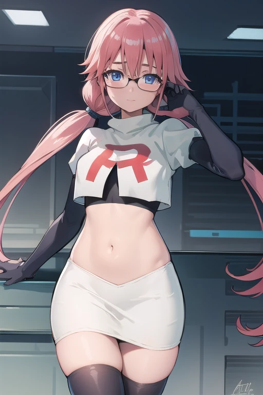 airisakura, airi sakura, blue eyes, glasses, long hair, pink hair, (low twintails:1.5),
BREAK glasses, team rocket,team rocket uniform,white skirt,red letter R,crop top,black thigh-highs,black elbow gloves,
BREAK looking at viewer, 
BREAK (masterpiece:1.2), best quality, high resolution, unity 8k wallpaper, (illustration:0.8), (beautiful detailed eyes:1.6), extremely detailed face, perfect lighting, extremely detailed CG, (perfect hands, perfect anatomy),