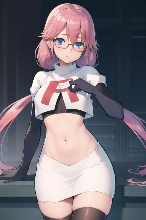 airisakura, airi sakura, blue eyes, glasses, long hair, pink hair, (low twintails:1.5),
BREAK glasses, team rocket,team rocket uniform,white skirt,red letter R,crop top,black thigh-highs,black elbow gloves,
BREAK looking at viewer, 
BREAK (masterpiece:1.2), best quality, high resolution, unity 8k wallpaper, (illustration:0.8), (beautiful detailed eyes:1.6), extremely detailed face, perfect lighting, extremely detailed CG, (perfect hands, perfect anatomy),