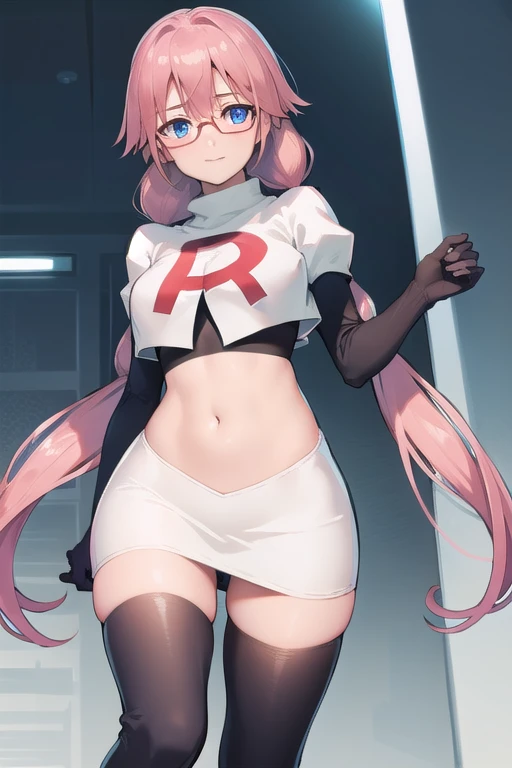 airisakura, airi sakura, blue eyes, glasses, long hair, pink hair, (low twintails:1.5),
BREAK glasses, team rocket,team rocket uniform,white skirt,red letter R,crop top,black thigh-highs,black elbow gloves,
BREAK looking at viewer, 
BREAK (masterpiece:1.2), best quality, high resolution, unity 8k wallpaper, (illustration:0.8), (beautiful detailed eyes:1.6), extremely detailed face, perfect lighting, extremely detailed CG, (perfect hands, perfect anatomy),