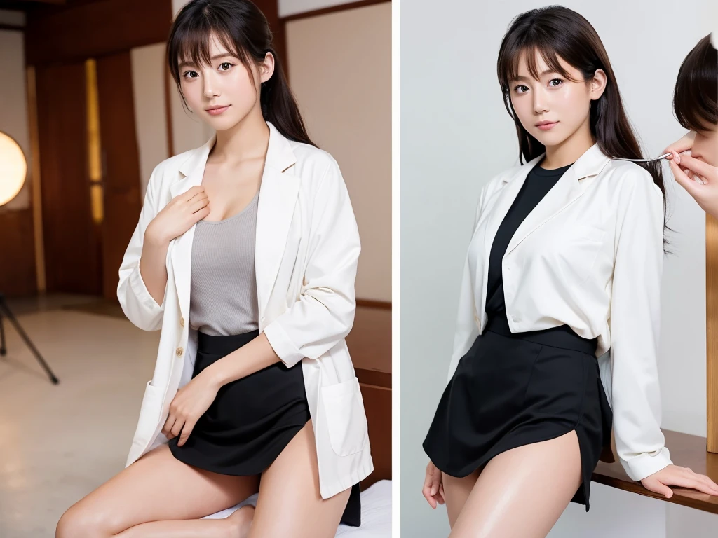 A live-action photo of an extremely beautiful Japanese high school girl race queen who highlights her large breasts and beautiful legs.、Wearing a miniskirt and white lab coat at a photo studio, she takes promotional photos for compensated dating.、She is an eternal idol who combines a clean look with modern charm.。 She creates such beauty。 She feels her own warmth。 She creates a warm atmosphere。 We create beauty。 That's what I want to say。 In her full body photo、The figure features porcelain-like skin and golden hair that radiates a soft glow.。 This is probably、It captured the essence of her timeless charm.、This is the best shot ever.。 Each straight line and curve is carefully expressed.、Breathtakingly beautiful with impeccable detail。 This piece perfectly captures her timeless beauty.。 Divine Proportions、Sharp focus、Full-body photo taken by Kishin Shinoyama、high quality、High resolution、Detailed Background