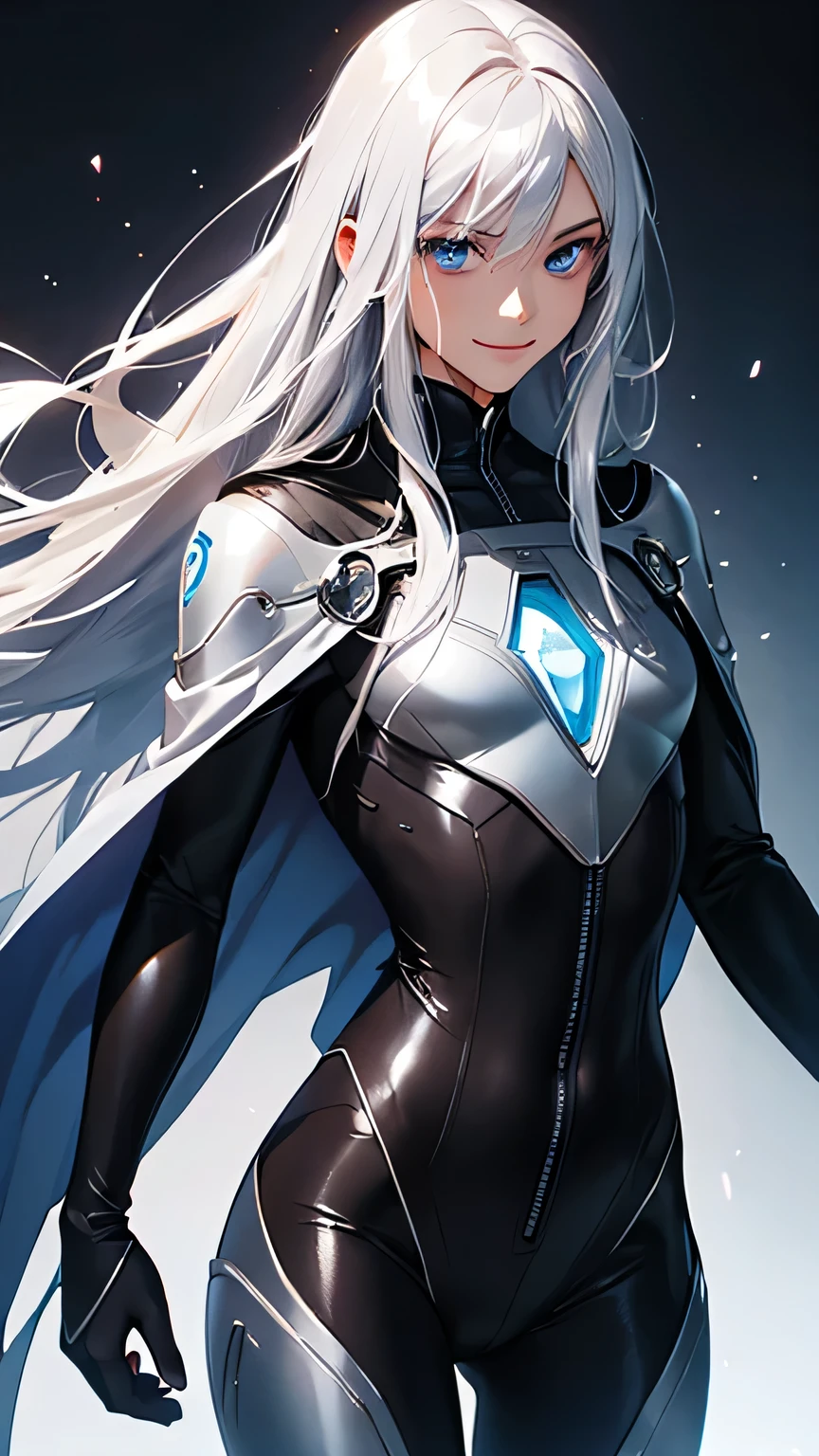 highest quality、Realistic、zoom、girl、Silver Hair、Light blue eyes、Long Straight Hair、Hero Suit、Black shiny bodysuit、Cape、Brown Skin、Black body、Dark skin、Black、slender、Sweat、smile、