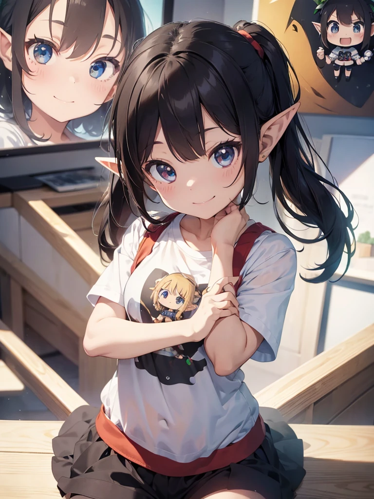 High quality, 8K Ultra HD, (chibi-style), in the art museum, an little cute elf girl, over large size t-shirts, smile