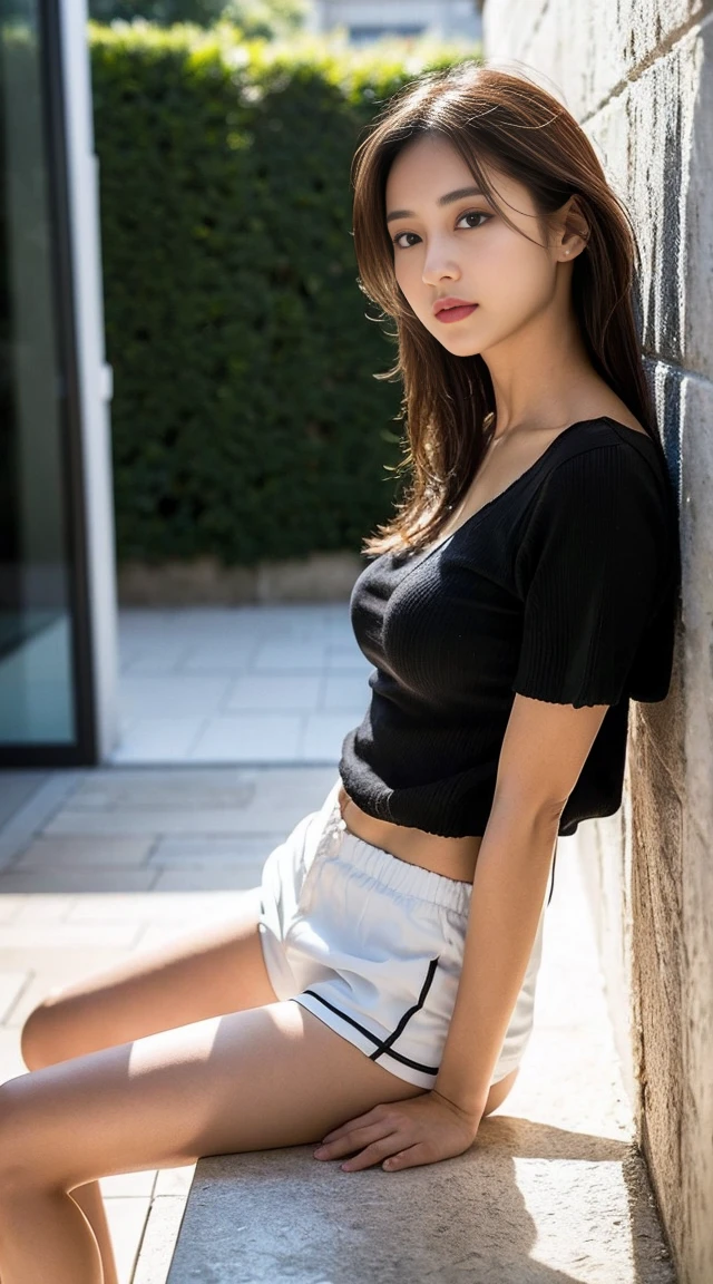 Dark brown hair、Light brown eyes、Japanese actress、 Lady、I am about 40 years old..........、(Intricate details:1.2)、 (Ultra-high resolution:1.2)、Ultra-high resolution、(Finely tuned)、(Detailed facial features)、Hmph、8K resolution、D cup size breasts、Long Hair、Bright terrace room with sunlight streaming in、Large windows、Extravagant space、relax、、,Full body photo、Head to toe shot、Beautiful legs、black Loose fit openwork T-shirt、Underwear shorts、Beautiful legs、Bright terrace room with sunlight streaming in、she, household items, (plant:0.8), Fashion Hub, Very detailed, Very detailed, Realistic, Hourglass Shaped Body, Obscene pose,、Messy Hair、Messy ponytail、Leaning against a wall、I cry a lot、tears、Skin is visible through the knit、White floor、White wall、A masterpiece of transparent painting、