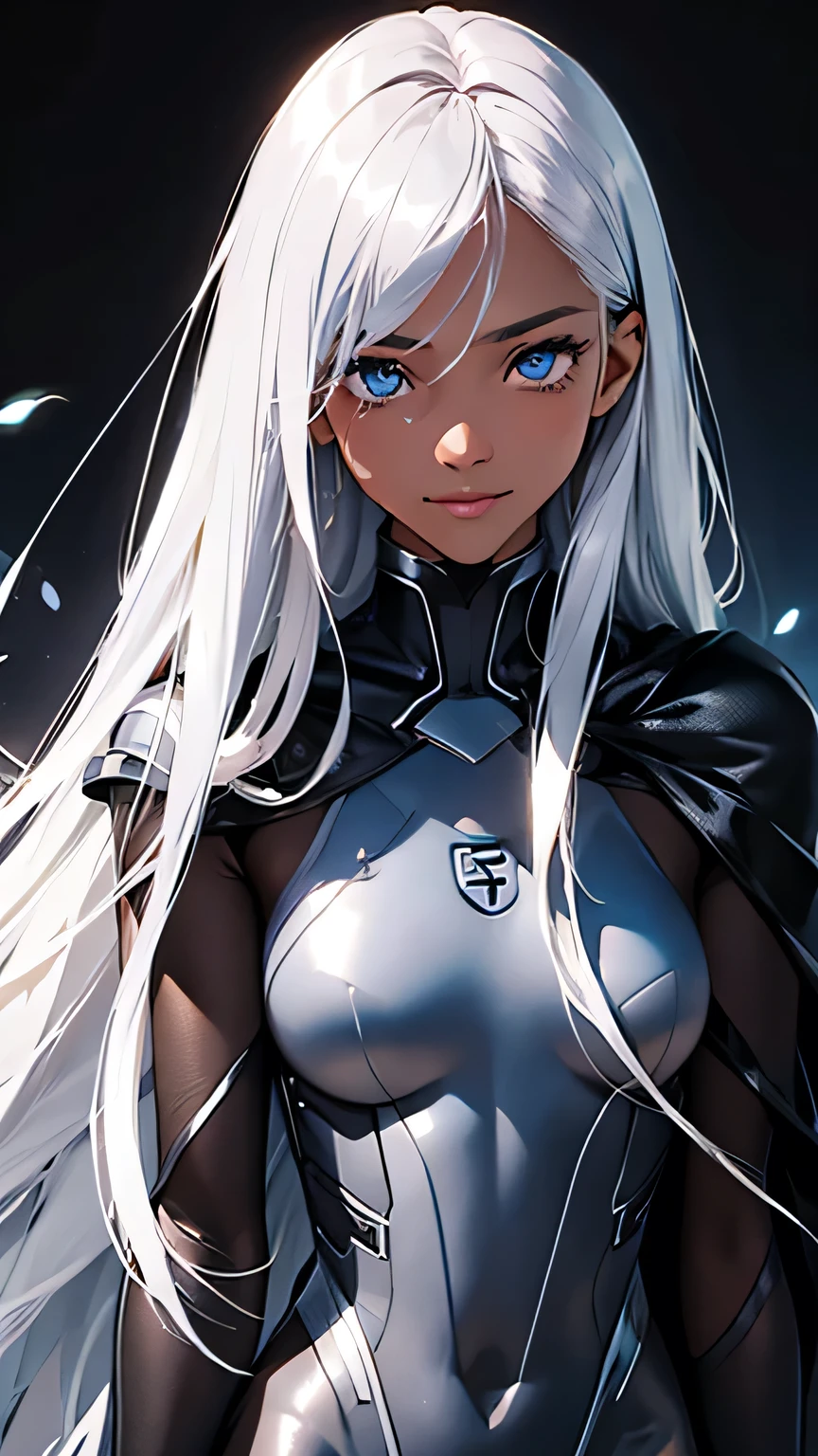 highest quality、Realistic、zoom、girl、Silver Hair、Light blue eyes、Long Straight Hair、Hero Suit、Black shiny bodysuit、Cape、Brown Skin、Black body、Dark skin、Black、slender、Sweat、smile、