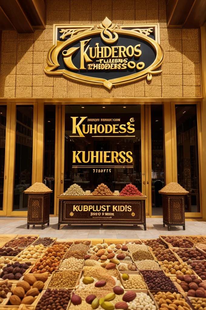 Create a luxurious logo for my business named Khushboo Traders. Intricate K & T letters and depicting whole Spices and dryfruits with Tagline Spices Dry Fruits and Nuts and slogan Every Bite, a burst of Flavour