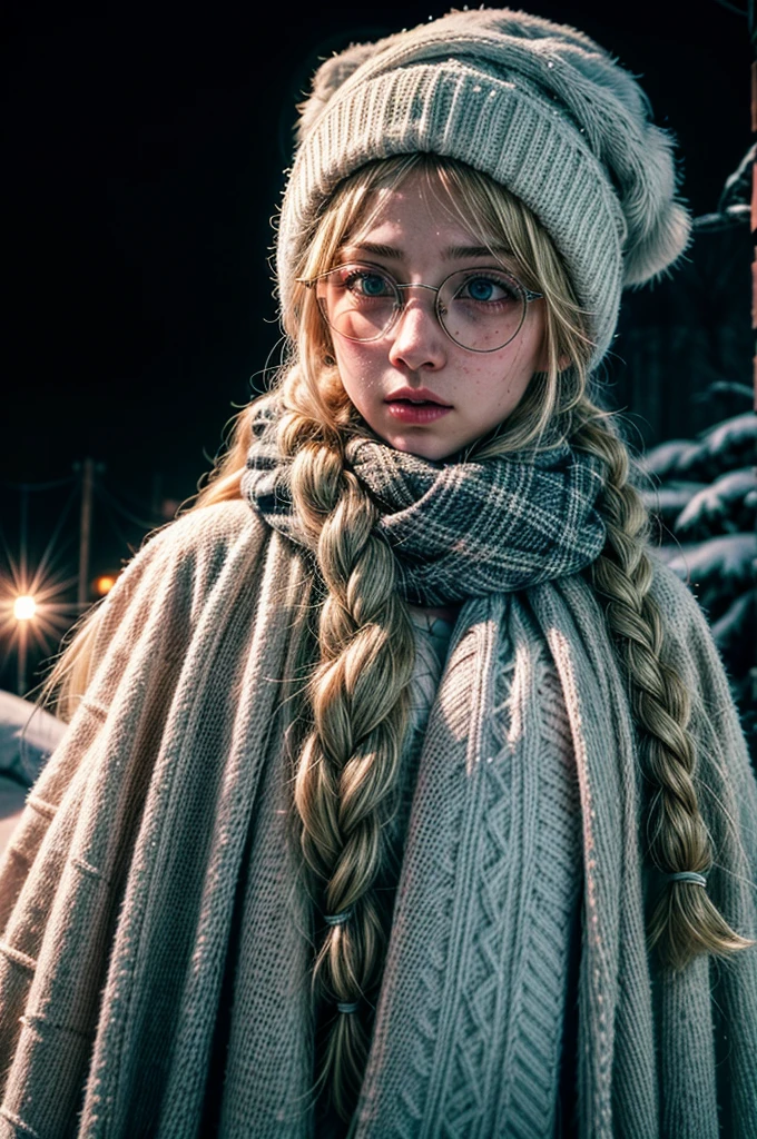 1 girl, blonde hair, long hair, crownbraid, snowcap, round eyewear, glasses, white winter furcoat, snow, standing, in snow, night, solo, orange lighting, pink scarf, hand on scarf, green eyes, black gloves, close up, moonlight, snowing, freckles