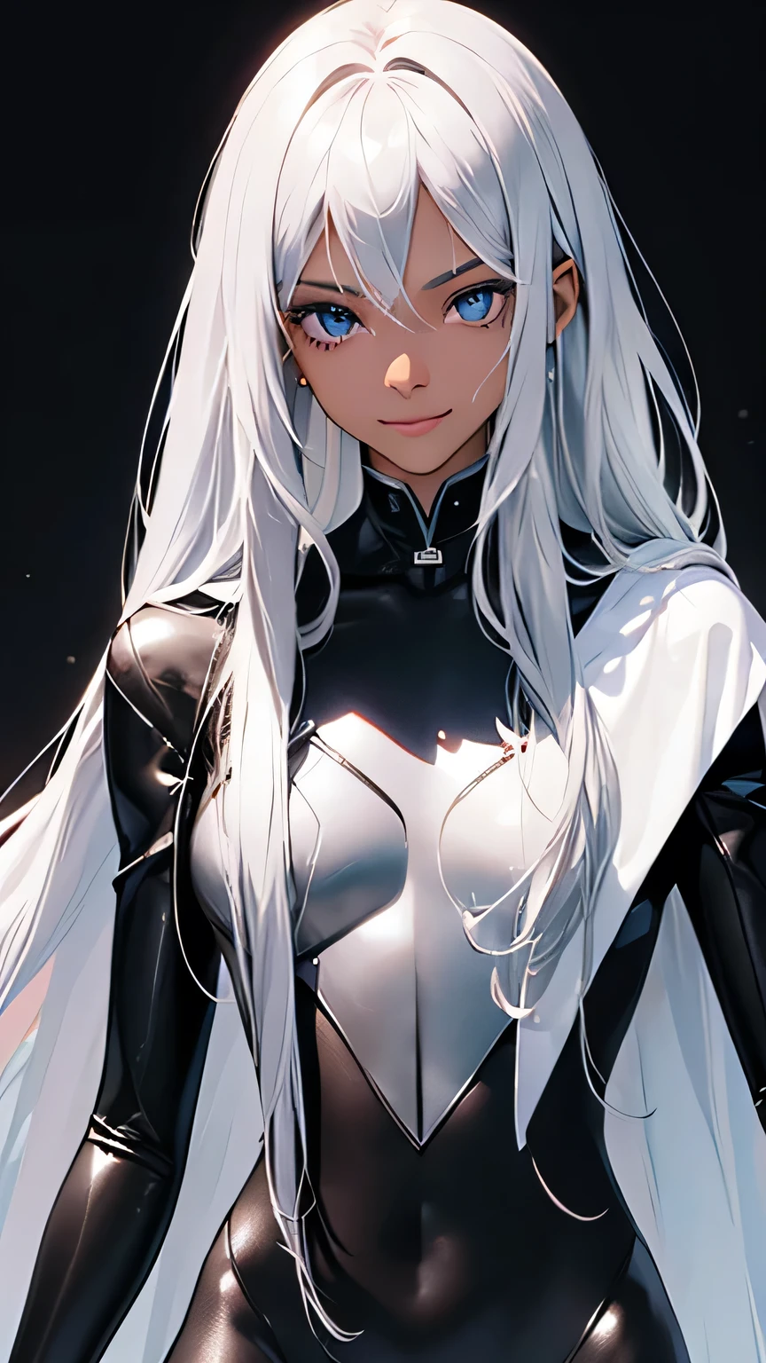 highest quality、Realistic、zoom、girl、Silver Hair、Light blue eyes、Long Straight Hair、Hero Suit、Black shiny bodysuit、Cape、Brown Skin、Black body、Dark skin、Black、slender、Sweat、smile、