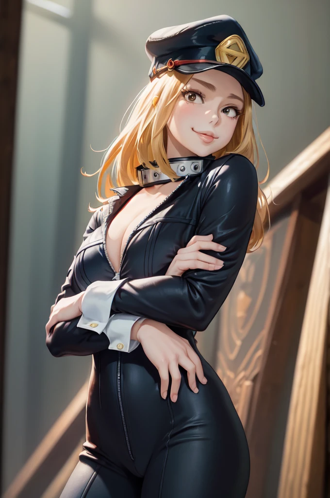 (masterpiece, best quality:1.2), cowboy shot, solo, 1girl, utsushimi camie, smile, looking at viewer, crossed arms, peaked cap, black bodysuit, unzipped, cleavage