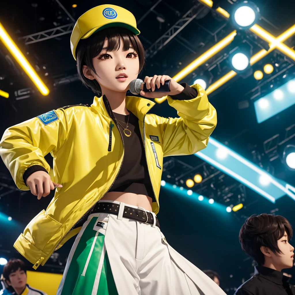 "Generate an AI image of a young Korean idol with short black hair and nut brown eyes. She is styled in a fashionable white jacket with green accents over a blue shirt, accessorized with a bright yellow cap. The scene depicts her standing confidently on a brightly lit stage, surrounded by a dynamic array of stage lights. She exudes happiness and charisma, embodying the spirit of K-pop culture. The background should subtly incorporate references to Korean pop culture, adding depth and context to the vibrant and energetic atmosphere."