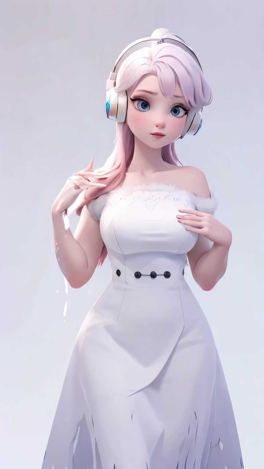 (1 girl, Alone, Masterpiece, 4k, Best Quality:1.2, (cowboy shot), Best Quality:1.2, good hands, showy, (perfect hands, perfect anatomy)), 
utaop, headphones,blush, White dress, fur over one, red and white hair, multicolor fur, High average, 
((medium breasts, big hips, looking at the viewer)), 
((simple background, White background)), 