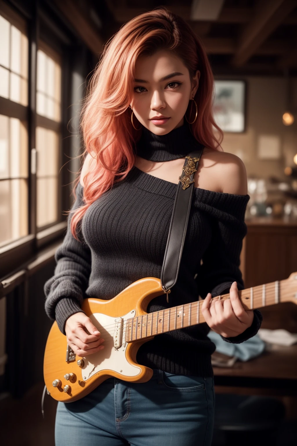 best quality, masterpiece, beautiful and aesthetic, 16,000, (HDR:1.4), high contrast, bokeh:1.2, lens flare, (vivid colors:1.4), (muted colors, dim colors, calm tone:0), cinematic lighting, Ambient lighting, side lights, Exquisite details and textures, shoot, warm tone, (bright and intense:1.2), wide shot, Writer: playi, Very realistic illustrations, Sienna Natural Proportions, anime style, (Rococo Punk Theme:1.4), (cute girl costumes:1.4), Portrait from head to thigh, very long curly brown hair, black bracelet, Oversized off-shoulder pink sweater, jeans, playing acoustic guitar, beautiful instagram japanese model, With tattoos, fascinating look, sexy eyes, simple gradient, skin grain detail, gold bracelet, Illustrated in great detail with fascinating, colorful illustrations. (fractal art:1.3) style, Very realistic illustrations Pop art, Acrylic painting, pixiv fan box trend, Palette knife and brushstrokes,
