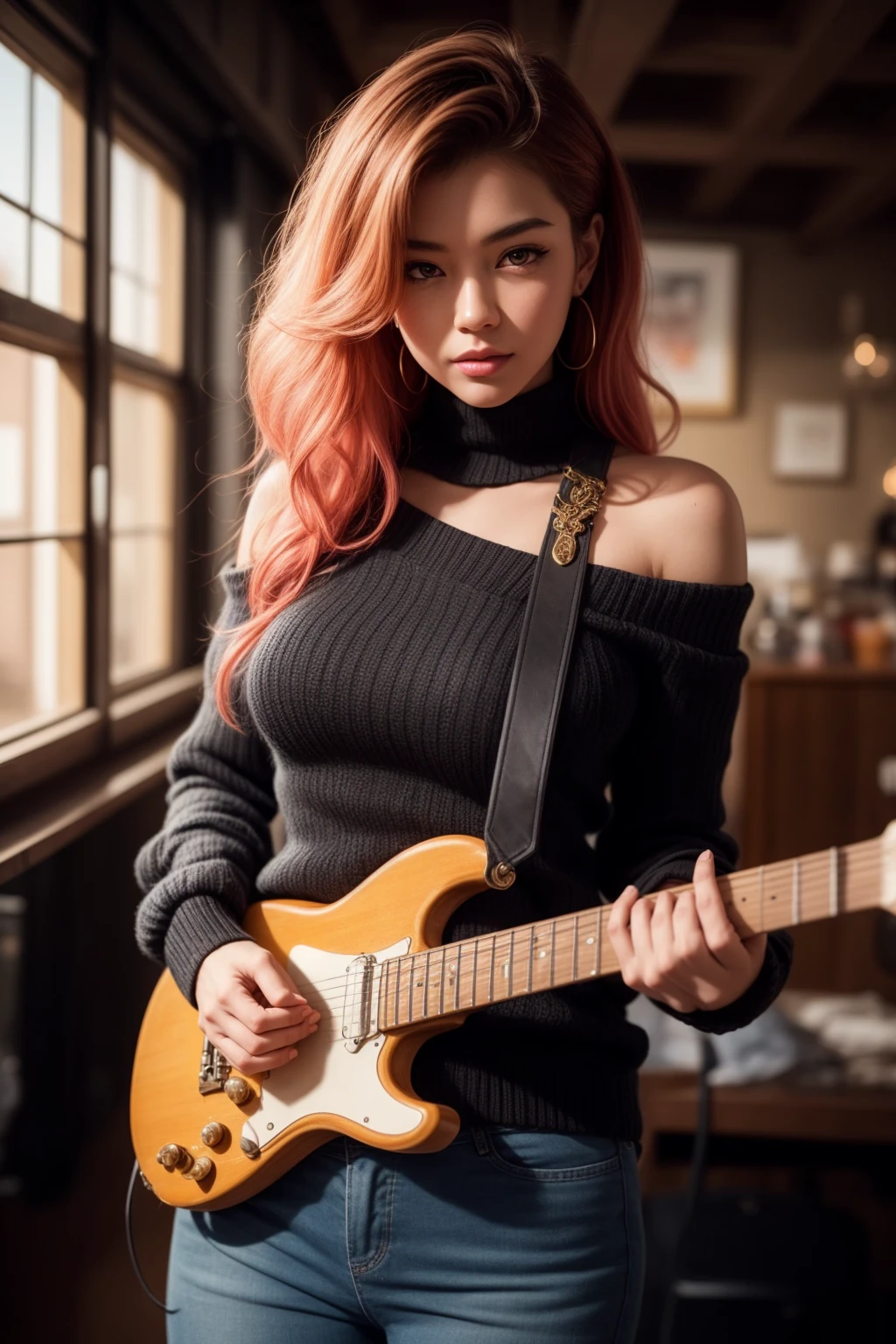 best quality, masterpiece, beautiful and aesthetic, 16,000, (HDR:1.4), high contrast, bokeh:1.2, lens flare, (vivid colors:1.4), (muted colors, dim colors, calm tone:0), cinematic lighting, Ambient lighting, side lights, Exquisite details and textures, shoot, warm tone, (bright and intense:1.2), wide shot, Writer: playi, Very realistic illustrations, Sienna Natural Proportions, anime style, (Rococo Punk Theme:1.4), (cute girl costumes:1.4), Portrait from head to thigh, very long curly brown hair, black bracelet, Oversized off-shoulder pink sweater, jeans, playing acoustic guitar, beautiful instagram japanese model, With tattoos, fascinating look, sexy eyes, simple gradient, skin grain detail, gold bracelet, Illustrated in great detail with fascinating, colorful illustrations. (fractal art:1.3) style, Very realistic illustrations Pop art, Acrylic painting, pixiv fan box trend, Palette knife and brushstrokes,