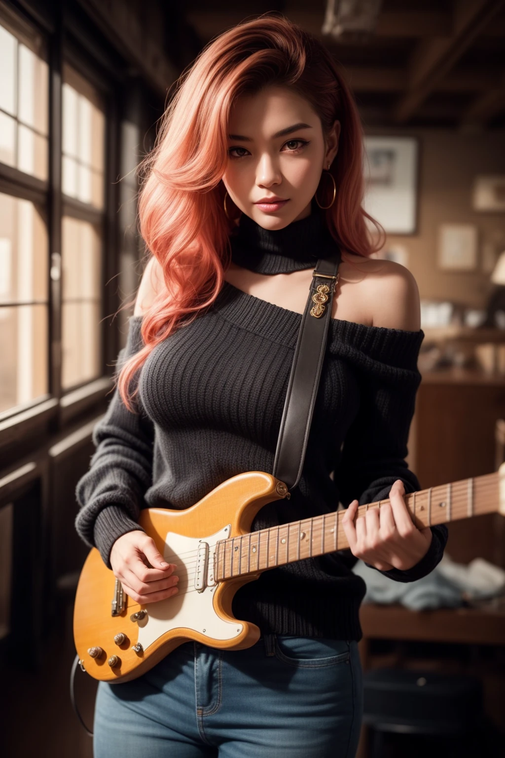 best quality, masterpiece, beautiful and aesthetic, 16,000, (HDR:1.4), high contrast, bokeh:1.2, lens flare, (vivid colors:1.4), (muted colors, dim colors, calm tone:0), cinematic lighting, Ambient lighting, side lights, Exquisite details and textures, shoot, warm tone, (bright and intense:1.2), wide shot, Writer: playi, Very realistic illustrations, Sienna Natural Proportions, anime style, (Rococo Punk Theme:1.4), (cute girl costumes:1.4), Portrait from head to thigh, very long curly brown hair, black bracelet, Oversized off-shoulder pink sweater, jeans, playing acoustic guitar, beautiful instagram japanese model, With tattoos, fascinating look, sexy eyes, simple gradient, skin grain detail, gold bracelet, Illustrated in great detail with fascinating, colorful illustrations. (fractal art:1.3) style, Very realistic illustrations Pop art, Acrylic painting, pixiv fan box trend, Palette knife and brushstrokes,