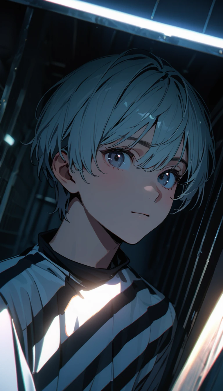 (8K, RAW photos, best quality, masterpiece: 1.4), (((The boy sighed))),Ultra-high resolution, Extremely detailed, Dim Lights, Upper body close-up, handsome boy, black eyes, (delicate eyes, Eyes are bright:1.2), Gray short hair, Fair skin,dark, Black and white striped prison uniform,Black and white striped prison pants,(perfect anatomy:1.2), High-quality shadows, Natural Lighting, (White highlights:1.2), night, cloudy day, (Dimly lit cells:1.2), (Metal walls all around:1.2)