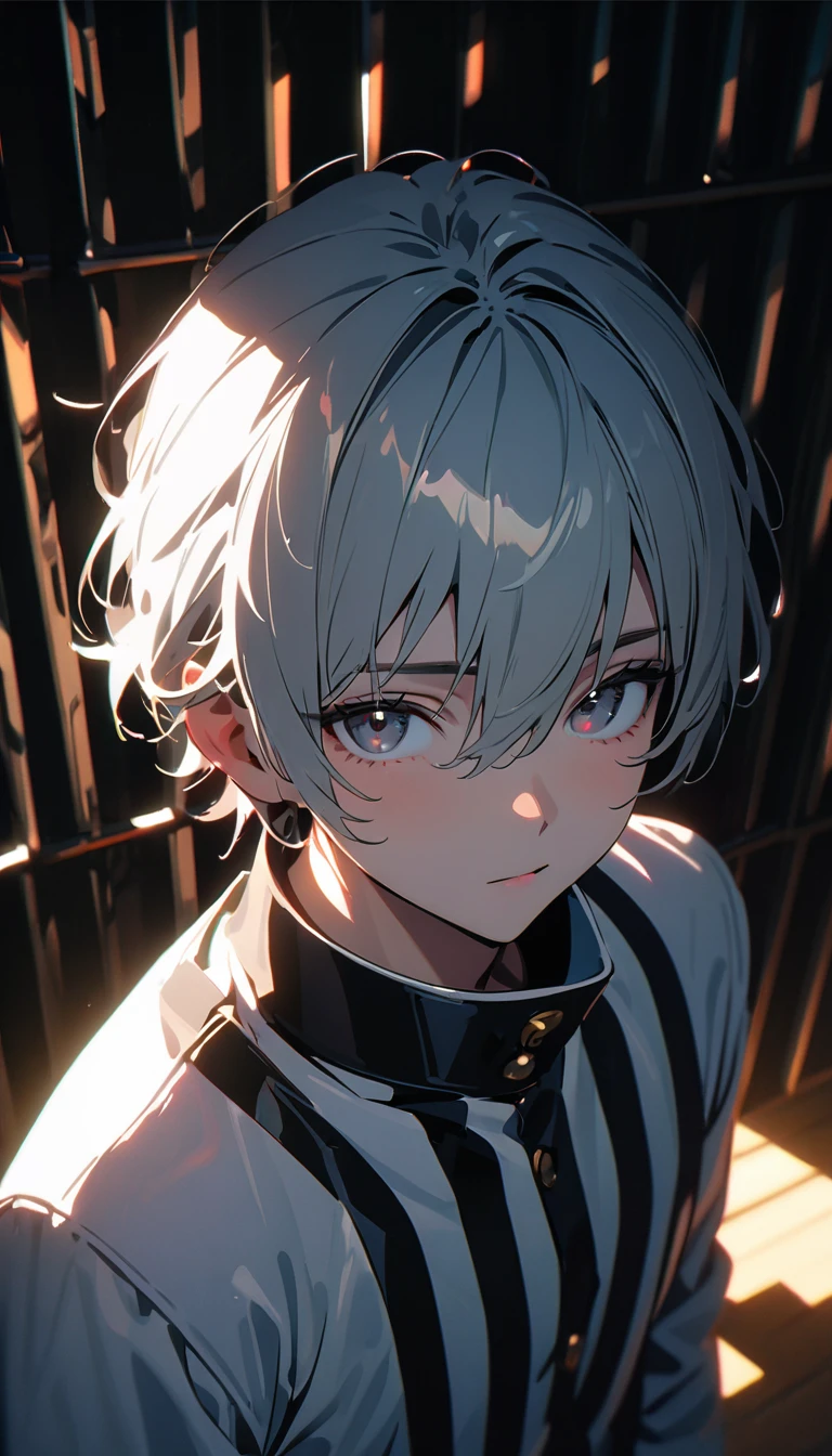 (8K, RAW photos, best quality, masterpiece: 1.4), (((The boy sighed)))，Ultra-high resolution, Extremely detailed, Dim Lights, Upper body close-up, handsome boy, black eyes, (delicate eyes, Eyes are bright:1.2), Gray short hair, Fair skin,dark, Black and white striped prison uniform,Black and white striped prison pants,(perfect anatomy:1.2), High-quality shadows, Natural Lighting, (White highlights:1.2), night, cloudy day, (Dimly lit cells:1.2), (Metal walls all around:1.2)