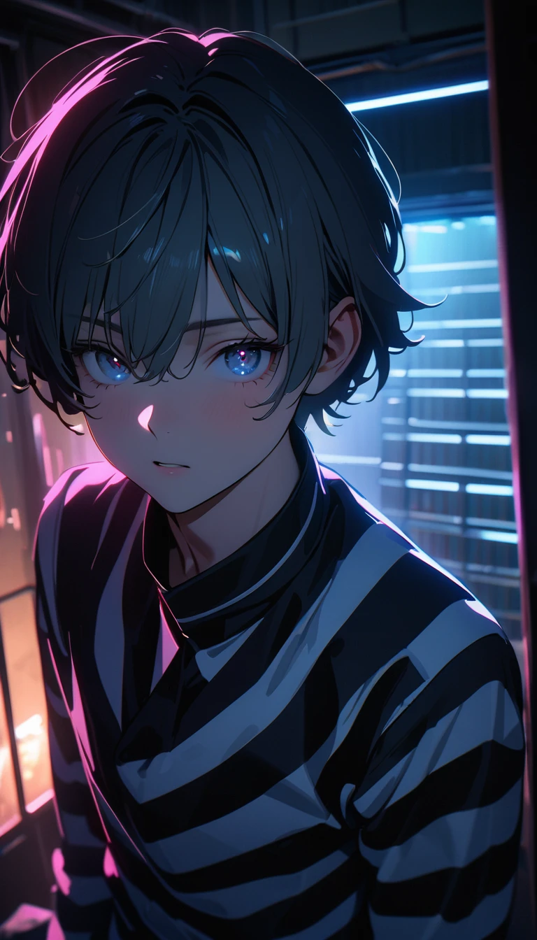 (8K, RAW photos, best quality, masterpiece: 1.4), (((The boy sighed))),Ultra-high resolution, Extremely detailed, Dim Lights, Upper body close-up, handsome boy, black eyes, (delicate eyes, Eyes are bright:1.2), Gray short hair, Fair skin,dark, Black and white striped prison uniform,Black and white striped prison pants,(perfect anatomy:1.2), High-quality shadows, Natural Lighting, (White highlights:1.2), night, cloudy day, (Dimly lit cells:1.2), (Metal walls all around:1.2)