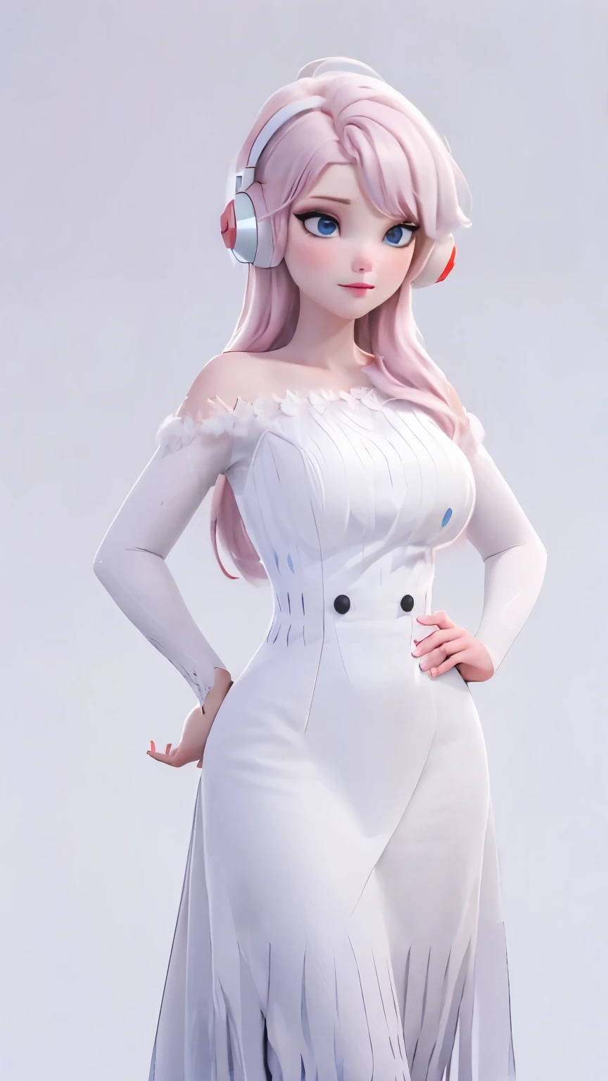 (1 girl, Alone, Masterpiece, 4k, Best Quality:1.2, (cowboy shot), Best Quality:1.2, good hands, showy, (perfect hands, perfect anatomy)), 
utaop, headphones,blush, White dress, fur over one, red and white hair, multicolor fur, High average, 
((medium breasts, big hips, looking at the viewer)), 
((simple background, White background)), 