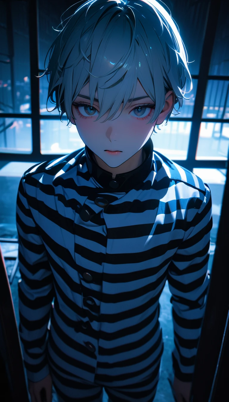 (8K, RAW photos, best quality, masterpiece: 1.4), (((The boy sighed))),Ultra-high resolution, Extremely detailed, Dim Lights, Upper body close-up, handsome boy, black eyes, (delicate eyes, Eyes are bright:1.2), Gray short hair, Fair skin,dark, Black and white striped prison uniform,Black and white striped prison pants,(perfect anatomy:1.2), High-quality shadows, Natural Lighting, (White highlights:1.2), night, cloudy day, (Dimly lit cells:1.2), (Metal walls all around:1.2)