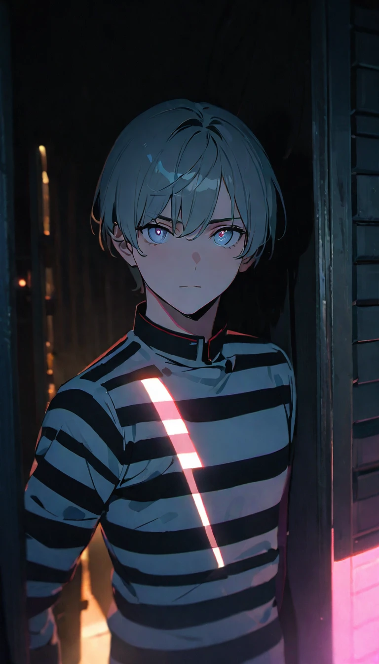 (8K, RAW photos, best quality, masterpiece: 1.4), (((The boy sighed)))，Ultra-high resolution, Extremely detailed, Dim Lights, Upper body close-up, handsome boy, black eyes, (delicate eyes, Eyes are bright:1.2), Gray short hair, Fair skin,dark, Black and white striped prison uniform,Black and white striped prison pants,(perfect ???????:1.2), High-quality shadows, Natural Lighting, (White highlights:1.2), night, cloudy day, (Dimly lit cells:1.2), (Metal walls all around:1.2)