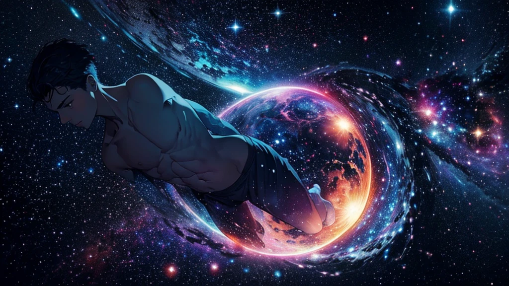 "Create an image of a faceless man transcending in a cosmic theme. The man should be depicted as an ethereal figure, with intricate and detailed patterns adorning his body, blending seamlessly with the vast cosmos around him. His form should be semi-transparent, giving the appearance of merging with the stars, galaxies, and nebulae. The background should be filled with vibrant and detailed cosmic elements, including swirling galaxies, shooting stars, and colorful nebulae, all emphasizing the vastness and mystery of the universe. The overall image should evoke a sense of awe and wonder, highlighting the connection between the human spirit and the cosmos."