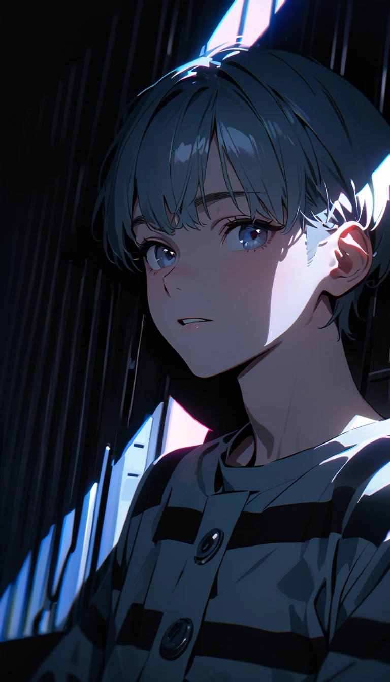 (8K, RAW photos, best quality, masterpiece: 1.4), (((The boy sighed)))，Ultra-high resolution, Extremely detailed, Dim Lights, Upper body close-up, handsome boy, black eyes, (delicate eyes, Eyes are bright:1.2), Gray short hair, Fair skin,dark, Black and white striped prison uniform,Black and white striped prison pants,(perfect anatomy:1.2), High-quality shadows, Natural Lighting, (White highlights:1.2), night, cloudy day, (Dimly lit cells:1.2), (Metal walls all around:1.2)