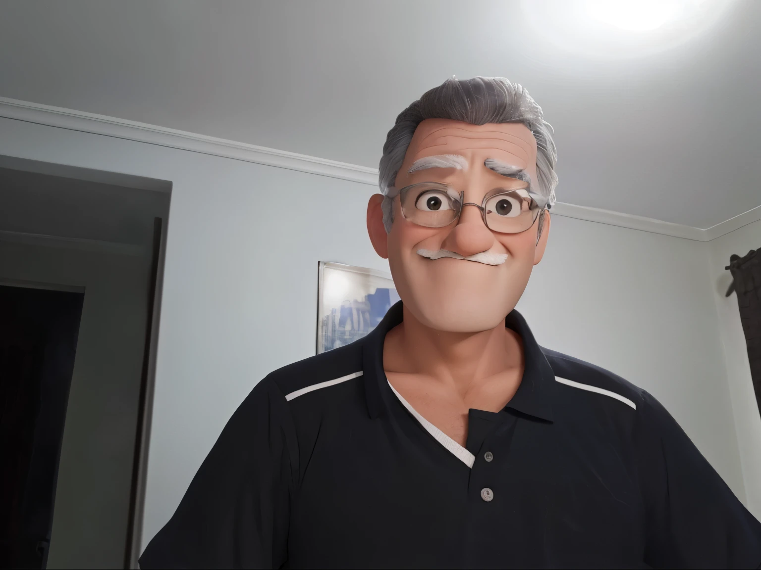 A middle aged man, wearing a Polo t-shirt, with a mustache, thin gray hair, wearing glasses, smiling holding a glass of water, illuminated by the light of a lamp, with a lake as a backdrop