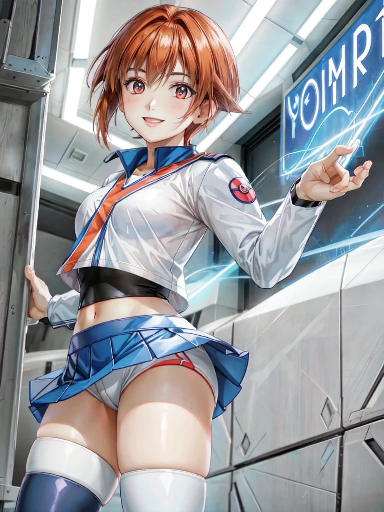 misty pokemon, short hair, orange hair, side ponytail, blue eyes, grin, BREAK, team rocket uniform, (logo on shirt:1.25), white jacket, white skirt, thighhigh boots, midriff, (glowing eyes:1.25), masterpiece, best quality, extremely detailed, highly quality, 4k, sharp focus, professional, sharp focus, award winning, cinematic lighting, octane render, unreal engine, volumetrics dtx, Wallpaper,