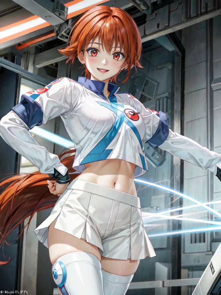 misty pokemon, short hair, orange hair, side ponytail, blue eyes, grin, BREAK, team rocket uniform, (logo on shirt:1.25), white jacket, white skirt, thighhigh boots, midriff, (glowing eyes:1.25), masterpiece, best quality, extremely detailed, highly quality, 4k, sharp focus, professional, sharp focus, award winning, cinematic lighting, octane render, unreal engine, volumetrics dtx, Wallpaper,