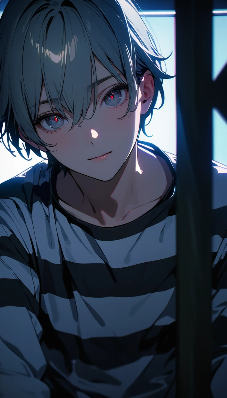 (8K, RAW photos, best quality, masterpiece: 1.4), (((The boy sighed)))，Ultra-high resolution, Extremely detailed, Dim Lights, Upper body close-up, handsome boy, black eyes, (delicate eyes, Eyes are bright:1.2), Gray short hair, Fair skin,dark, Black and white striped prison uniform,Black and white striped prison pants,(perfect anatomy:1.2), High-quality shadows, Natural Lighting, (White highlights:1.2), night, cloudy day, (Dimly lit cells:1.2), (Metal walls all around:1.2)