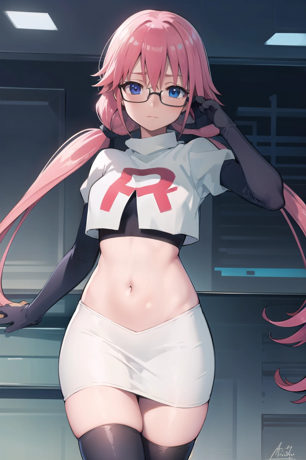 airisakura, airi sakura, blue eyes, glasses, long hair, pink hair, (low twintails:1.5),
BREAK glasses, team rocket,team rocket uniform,white skirt,red letter R,crop top,black thigh-highs,black elbow gloves,
BREAK looking at viewer, 
BREAK (masterpiece:1.2), best quality, high resolution, unity 8k wallpaper, (illustration:0.8), (beautiful detailed eyes:1.6), extremely detailed face, perfect lighting, extremely detailed CG, (perfect hands, perfect anatomy),